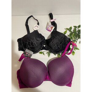 2-Pack Womens Bras 34D Black Lace&Purple Mesh Padded Underwire Support Comfortab